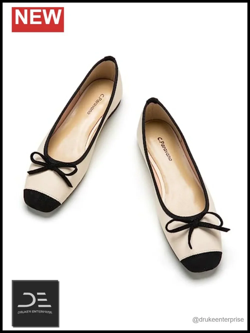 Women's Square Toe Bow Ballerina Flats Lambskin Leather Slip-On